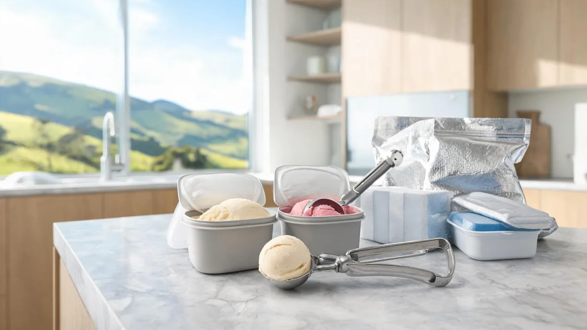 Plant-based ice cream range in a modern dessert kitchen