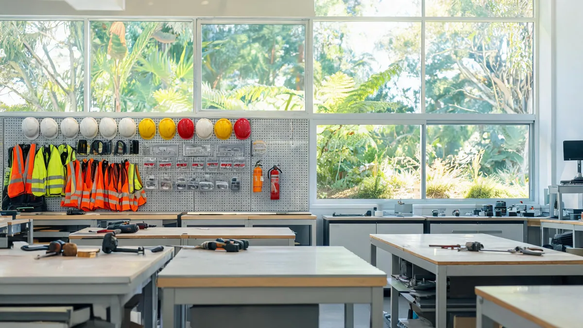 Vocational training workshop with tool benches