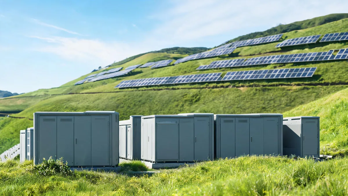 Solar array with battery storage cabinets
