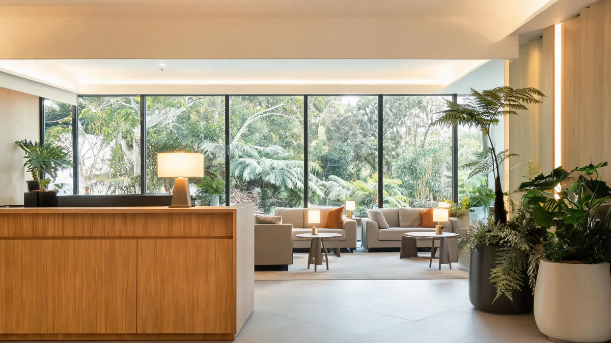 Contemporary hotel reception and lounge