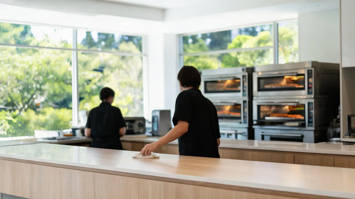 Quick-service restaurant counter with pizza ovens