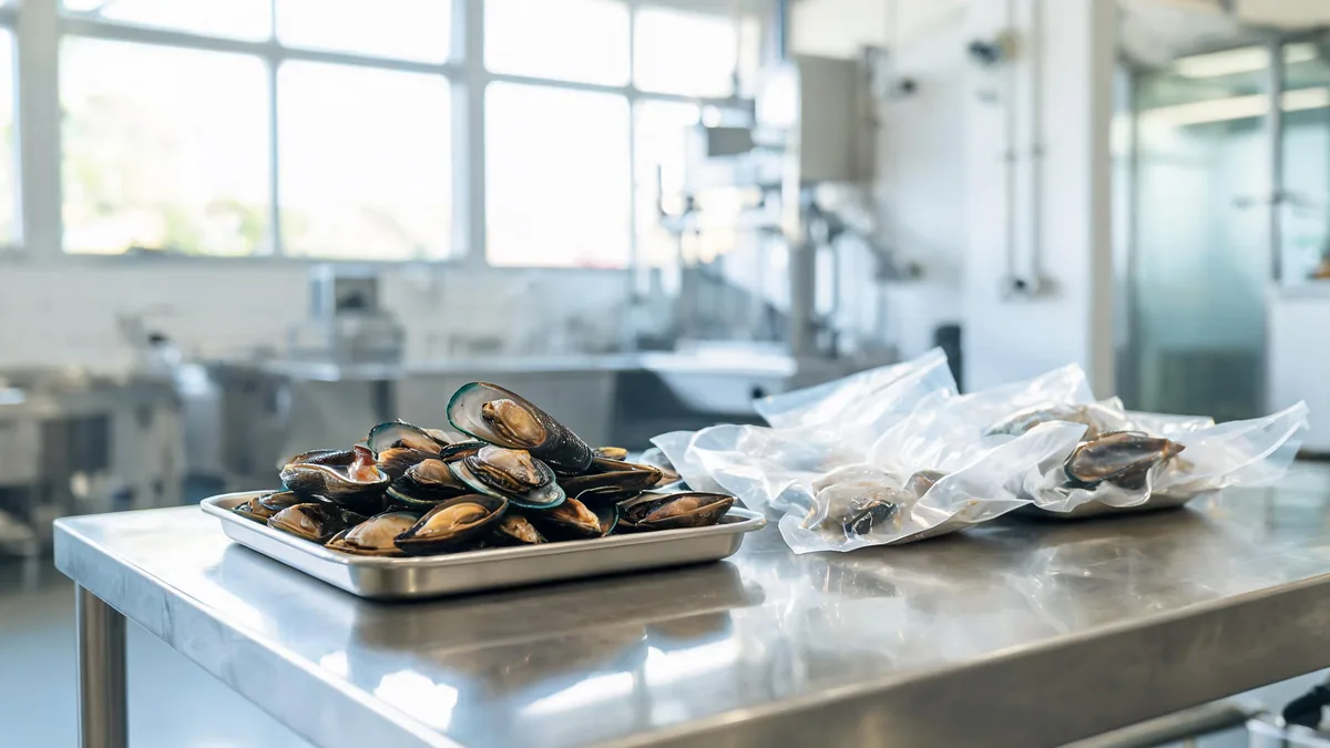 Smoked mussels and packaged seafood on a processing bench