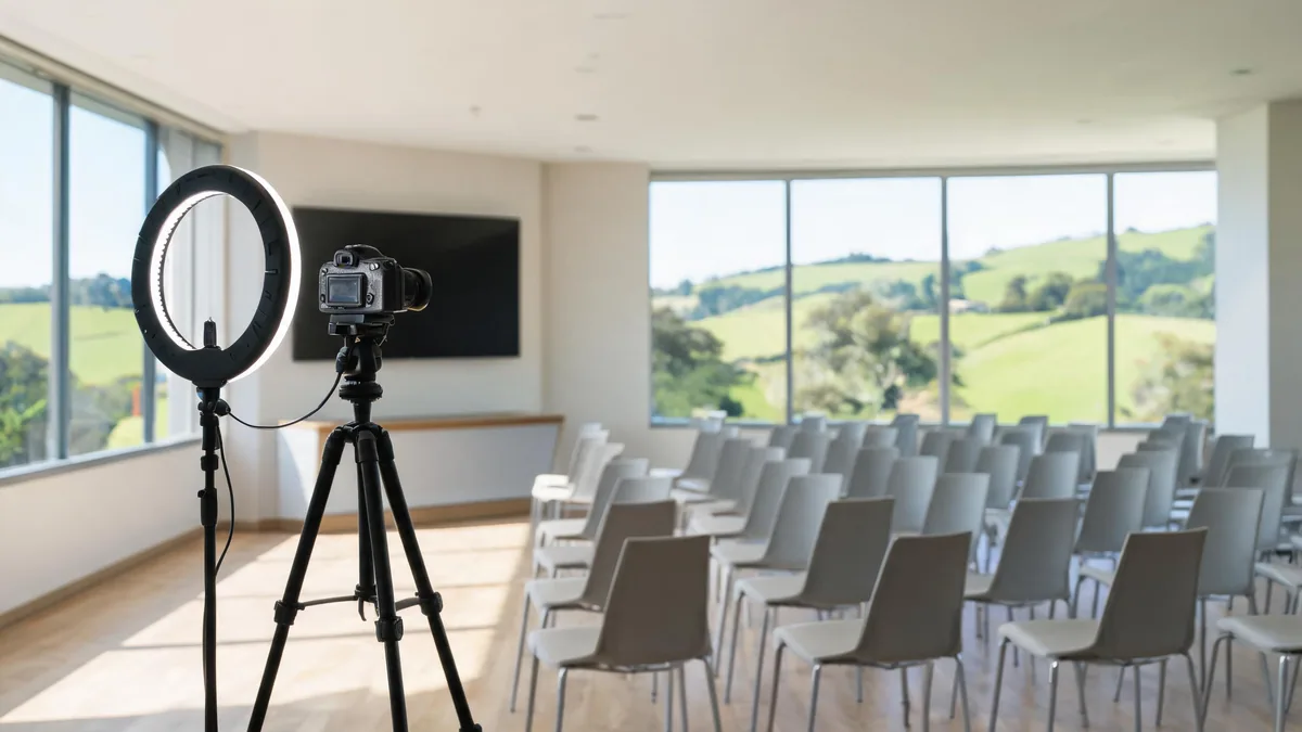 Seminar room set for a webinar broadcast