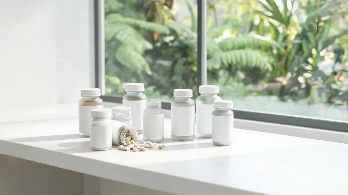 Health supplement product range on a clean bench