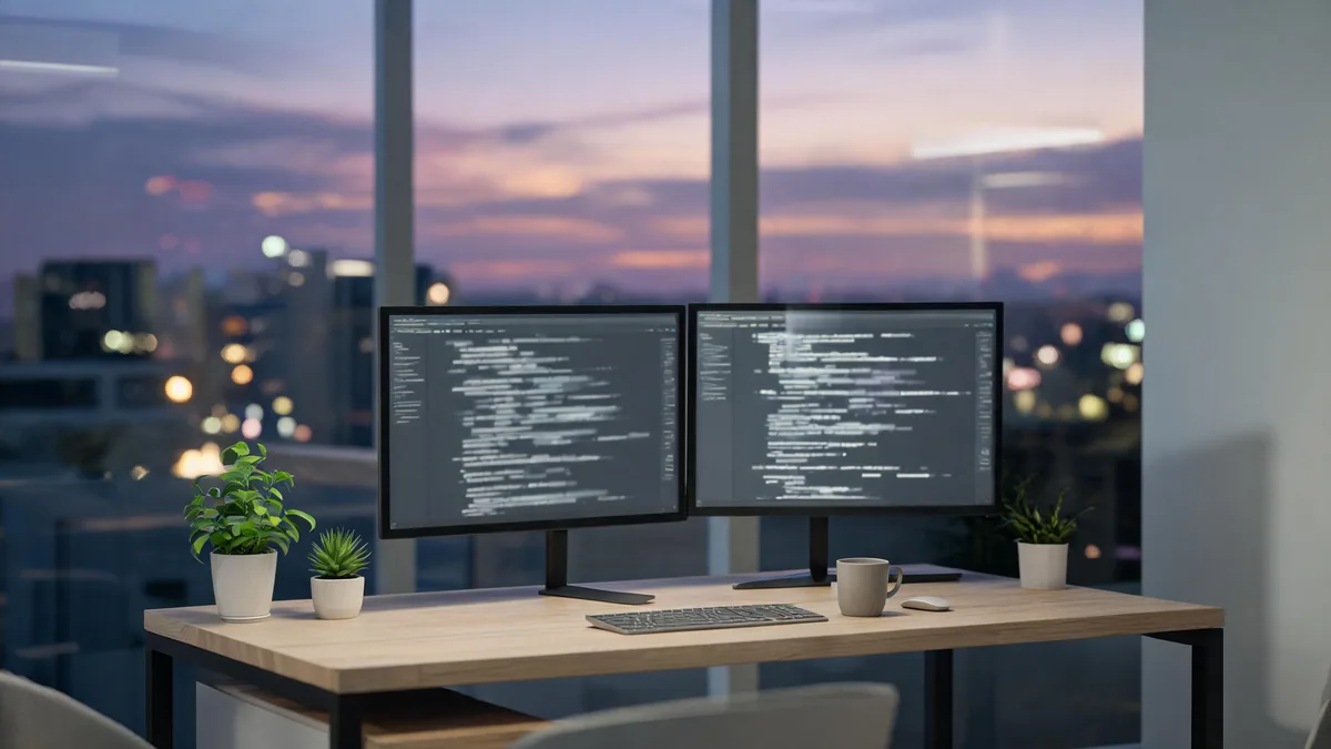 Modern software office at dusk