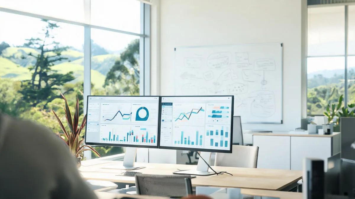 Software workspace with dashboards and a whiteboard
