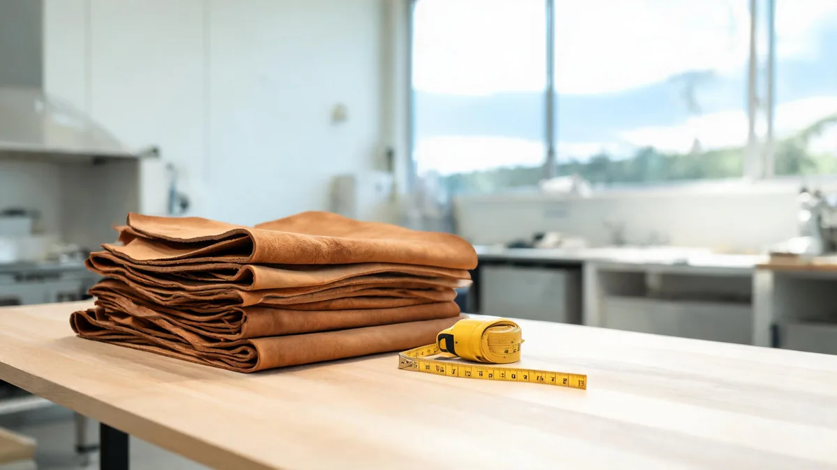 Tanned leather hides on a workshop table
