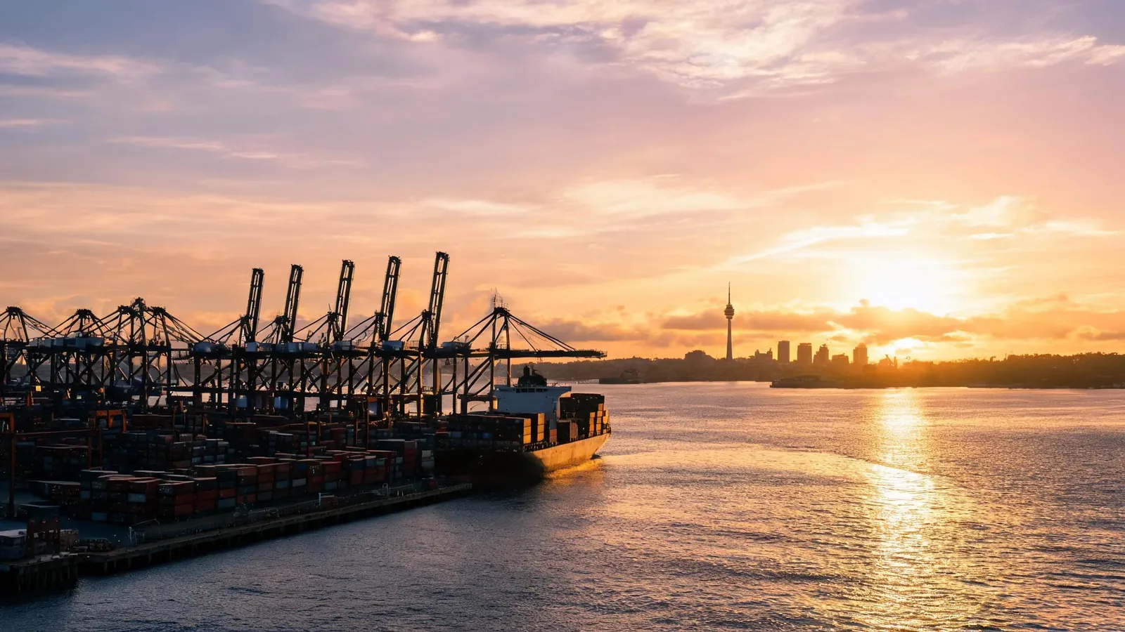 Auckland harbour container port at golden hour — ongoing NZ export projects