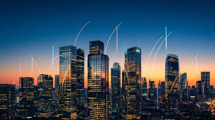 Modern financial district skyline at dusk — investment imagery